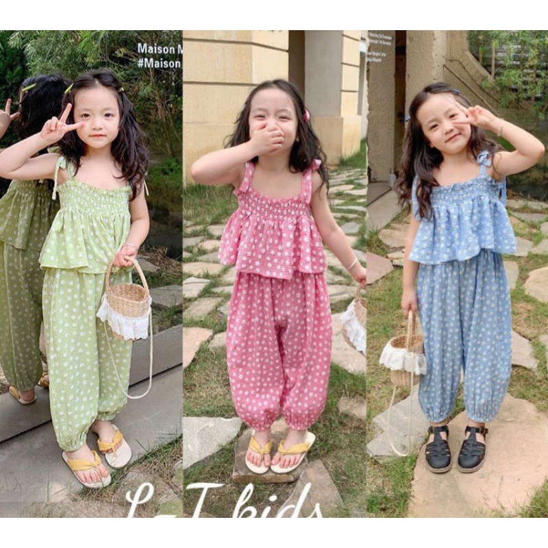 BỘ HAI DÂY NHÚN THUN QUẦN BOM DÀI CHO BÉ GÁI 1 ĐẾN 6 TUỔI MẶC HÈ