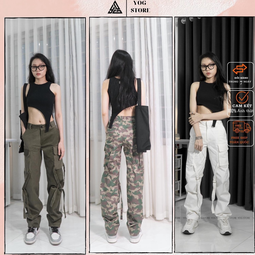 Quần kaki túi hộp nam nữ thiết kế ống rộng lưng cao đủ màu trắng đen rêu nâu quần cargo pants nam nữ JJ31