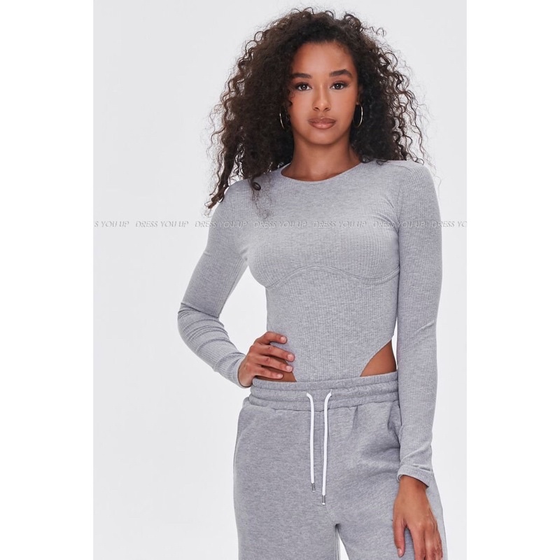 Bodysuit khoét eo tay dài xám