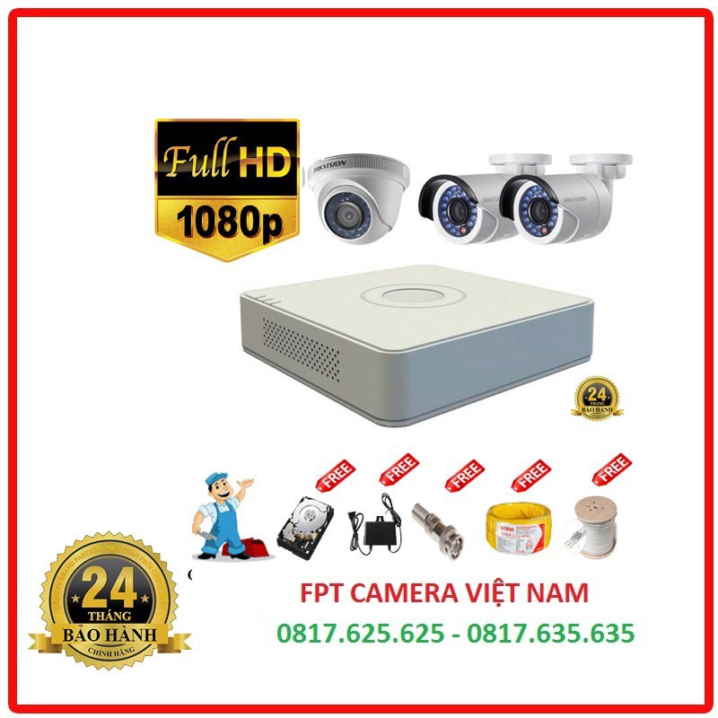 Trọn Bộ 3 Camera Hikvision 2mp, đầu ghi hình 2mp hình ảnh full HD + Phụ Kiện đầy đủ Tự Lắp Đặt Tại N