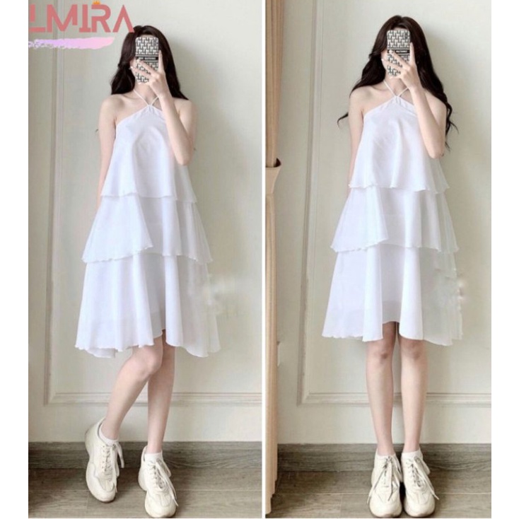 Váy Đầm Trắng Cổ Yếm 3 Tầng, Váy Nữ Hở Vai Dáng Xòe Chất Lụa Đi Biển Dạo Phố - V02