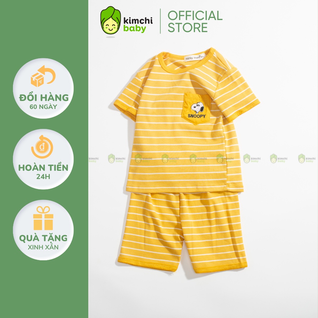 Đồ Bộ Bé Gái, Bé Trai Minky Mom Vải Cotton Borip Kẻ Ngang Túi Ngực Snoopy, Bộ Cộc Tay Mặc Nhà Cho Bé MKM2231