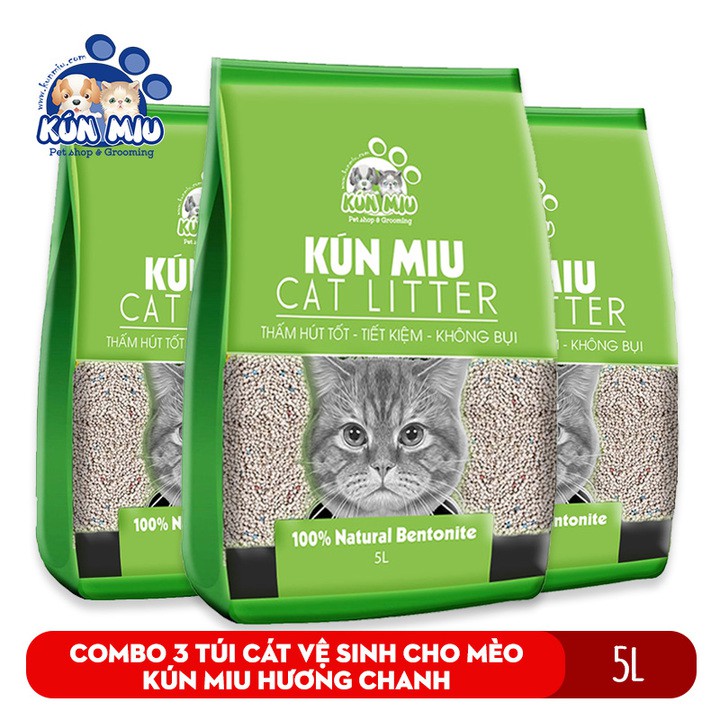 Combo 3 gói Cát vệ sinh cho mèo Kún Miu hương chanh 5L