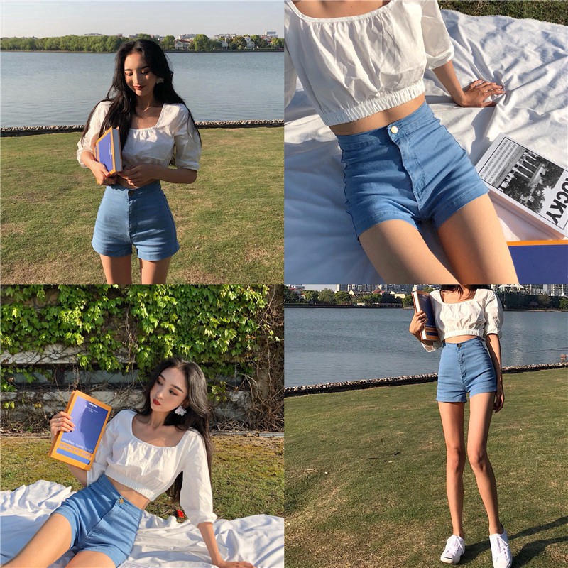 IELGY    Quần Short denim Lưng Cao Co Giãn Màu Sắc Đơn Giản Dành Cho Nữ