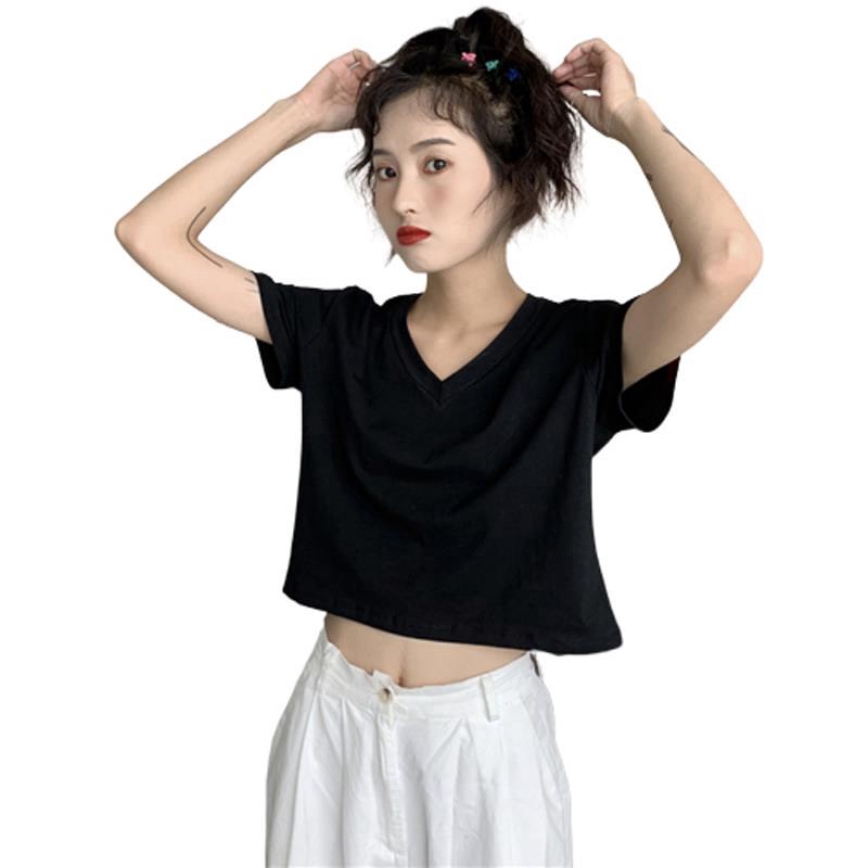 Cotton T-shirt New Korean Version Net Red Short-sleeved T-shirt Female Foreign Style Wild Loose V-neck Shirt Short-sleeved Shirt T-shirt College T Element T