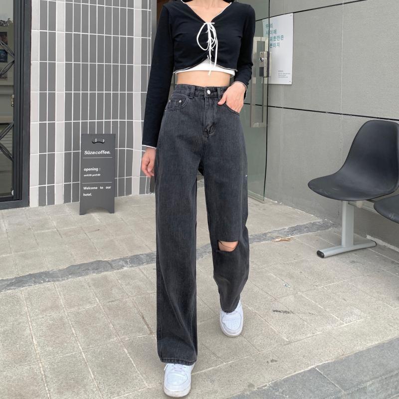 Xiaozhainv Quần Denim Nữ Lưng Cao Rách Gối Cá Tính Phong Cách Hàn Quốc