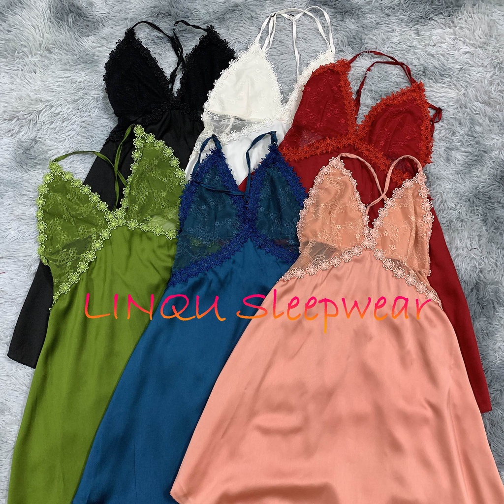 Váy ngủ sexy ren Linqu Sleepwear váy ngủ 2 dây gợi cảm chất satin mềm mại Freesize 40-58kg