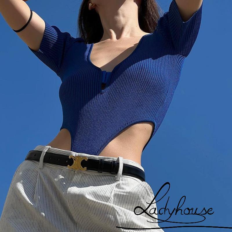 Áo Liền Quần Ngắn Tay Cổ Chữ V Màu Trơn Dáng Ôm Gợi Cảm Cho Nữ