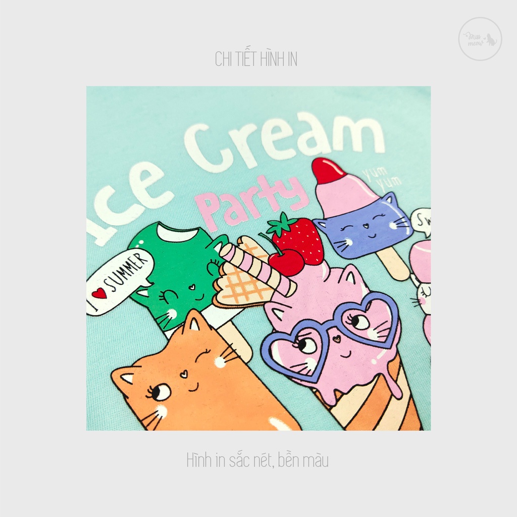 Váy Bé Gái Miss Meow, Đầm Cho Bé Chất Cotton Bèo Gấu In Ice Cream Size Đại 3-11 Tuổi