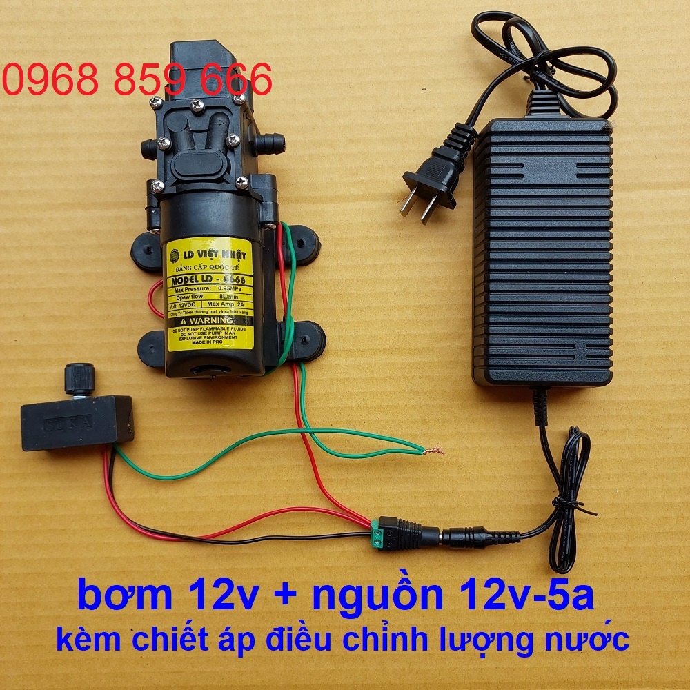 Bơm phun sương mini 12v, bộ nguồn adapter 12v-5a, chiết áp điều chỉnh tốc độ, máy bơm tăng áp
