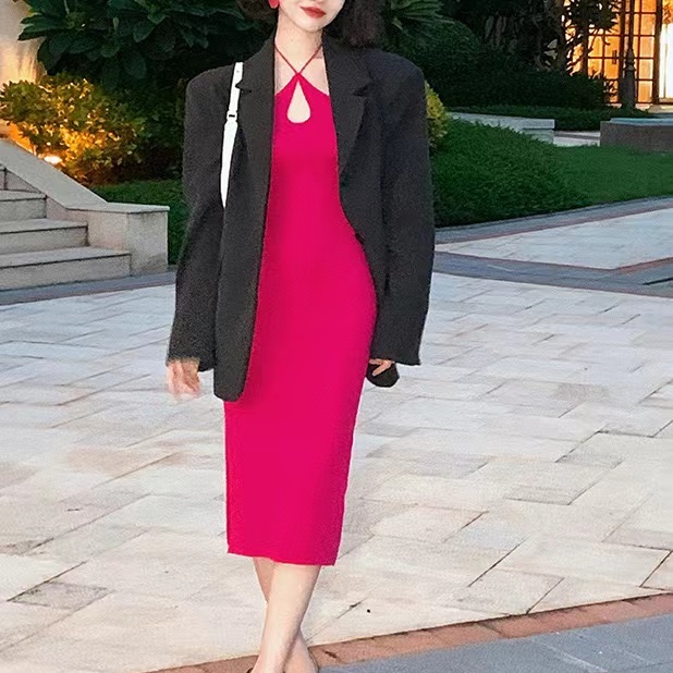 SUXI Đầm Dệt Kim Cổ Yếm Hở Vai Màu Sắc Trơn Phong Cách Vintage Thời Trang Mùa Hè Dành Cho Nữ