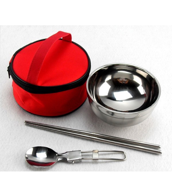 Bộ Chén Bát Ăn Muỗng Đũa Inox Xếp Gọn Tặng Túi Đựng Chén, Phù Hợp Du Lịch Dã Ngoại Hoặc Đi Phượt Rừng