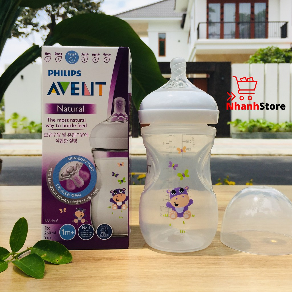 Bình sữa Avent Nautural 260ml Họa tiết Hà mã, Hạc hồng