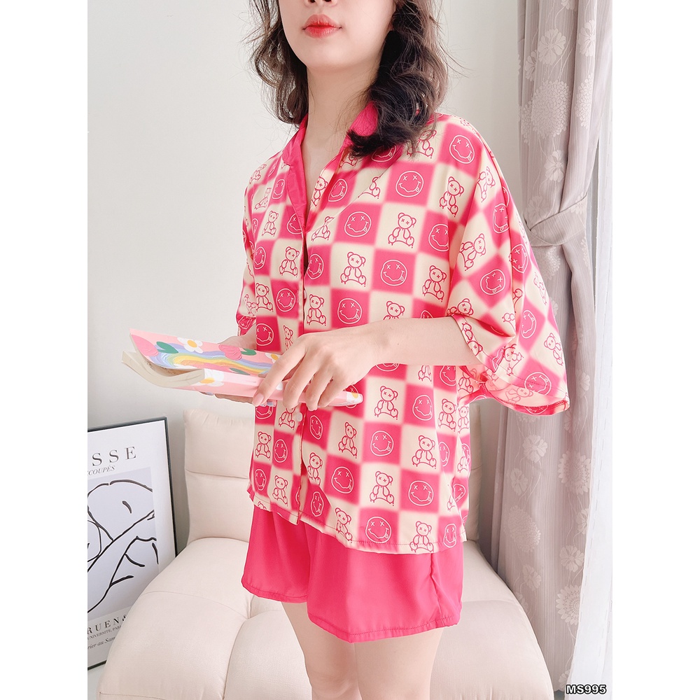 Bộ Đồ Ngủ Pyjama MAI SLEEPWEAR Lụa Mặc Nhà Áo Tay Ngắn Cánh Dơi Quần Ngắn Hoạ Tiết Caro Trẻ Trung Cao Cấp MS995