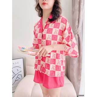Bộ đồ ngủ pyjama mai sleepwear lụa mặc nhà áo tay ngắn cánh dơi quần ngắn hoạ tiết caro trẻ trung cao cấp ms995