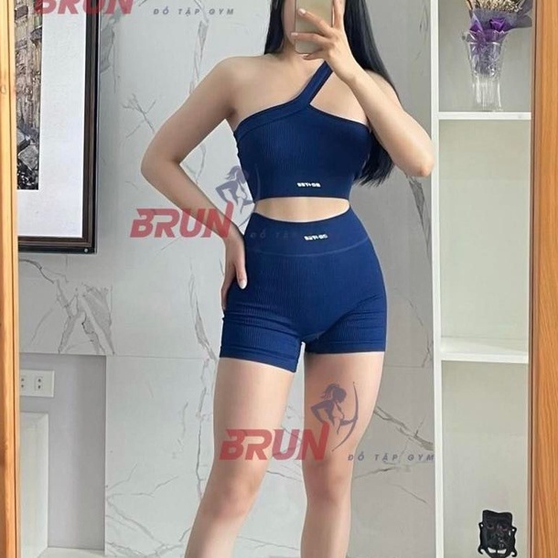 Bộ đồ tập gym yoga thể thao nữ, set quần đùi áo bra lệch vai dệt kim quảng châu cao cấp Bin Sports BN080