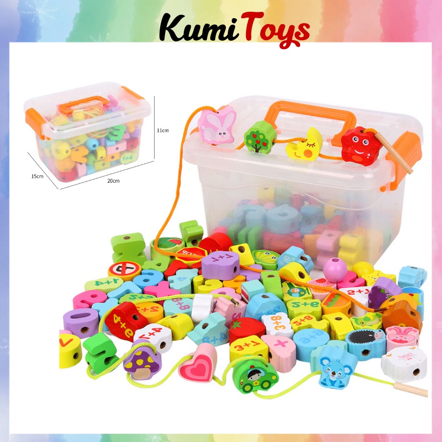 Đồ chơi xâu hạt gỗ và số loại đẹp kèm thùng nhựa Kumi toys