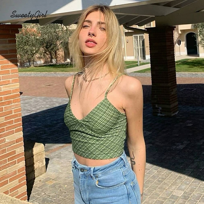 Áo Tank Top Cổ Chữ V Hở Lưng Dáng Ôm Họa Tiết Sọc Caro Thời Trang Quyến Rũ Cho Nữ