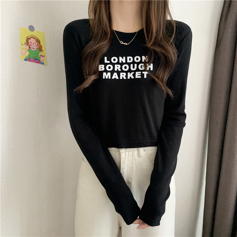 SUXI Áo Thun Tay Dài Cổ Tròn Màu Sắc Trơn In Chữ Phong Cách Hàn Quốc Dành Cho Nữ