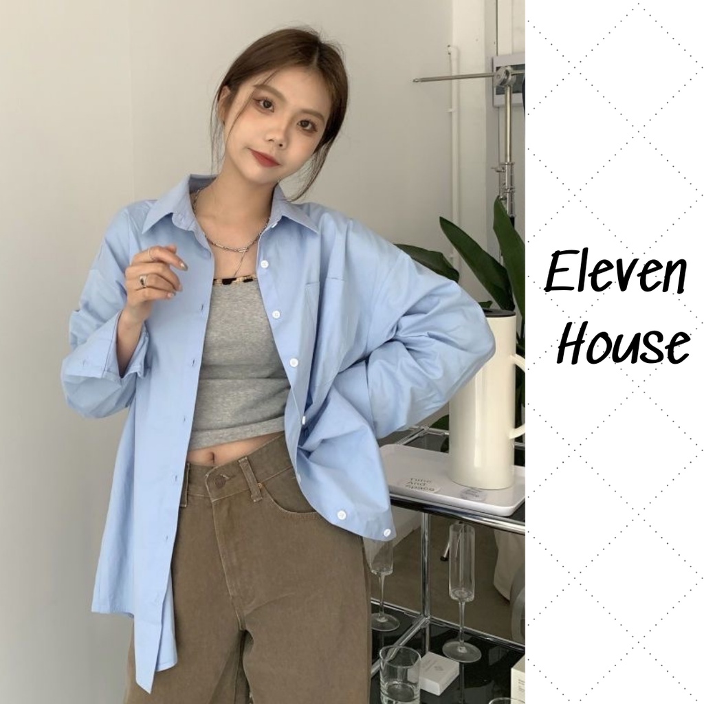 Áo sơ mi nữ xanh form rộng oversize dài tay Lưu Diệc Phi ulzzang vintage Hàn 11 House