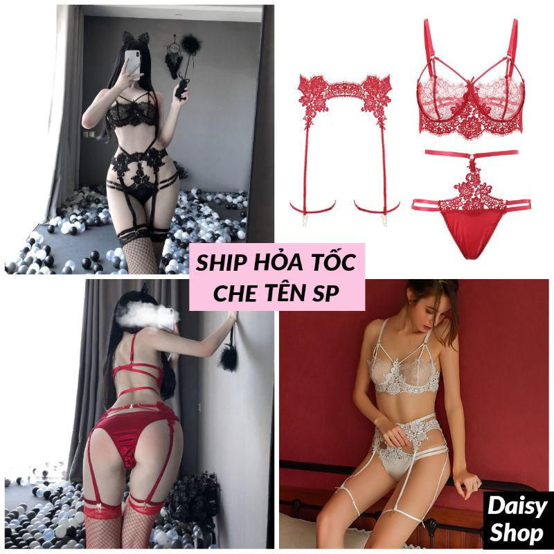 Bộ đồ lót ren lưới cao cấp sexy - set nội y lingerie gợi cảm kèm đai kẹp nịt tất