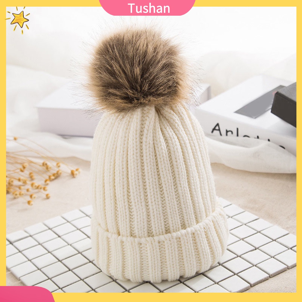 Mũ Beanie Dệt Kim Màu Trơn Đính Quả Cầu Lông Xinh Xắn