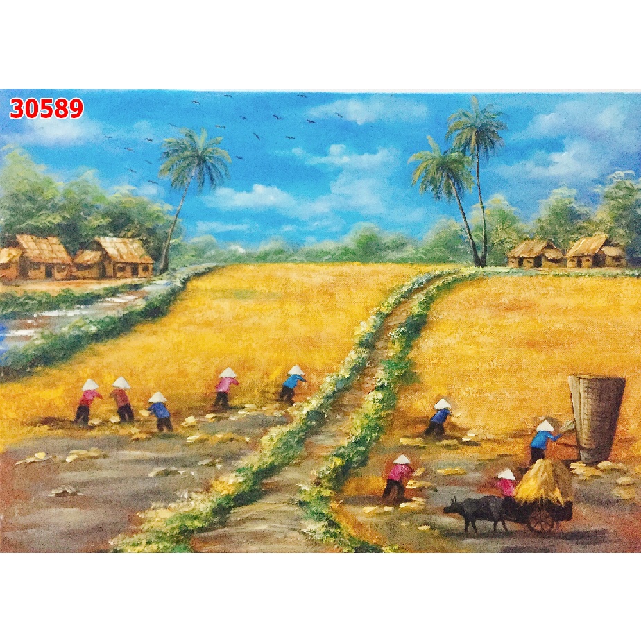 Tranh Dán Tường 3D Đồng Quê Ruộng Lúa Chín Thơm, hình ảnh đầu làng, đường làng quen thuộc thế hệ xưa