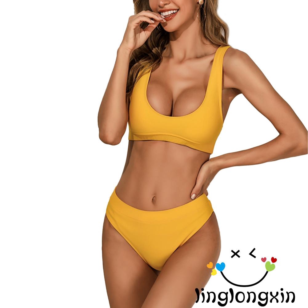 ♛♚♛Women Fashion High Waist Solid Color Split Shoulders Swimsuit Set | BigBuy360 - bigbuy360.vn