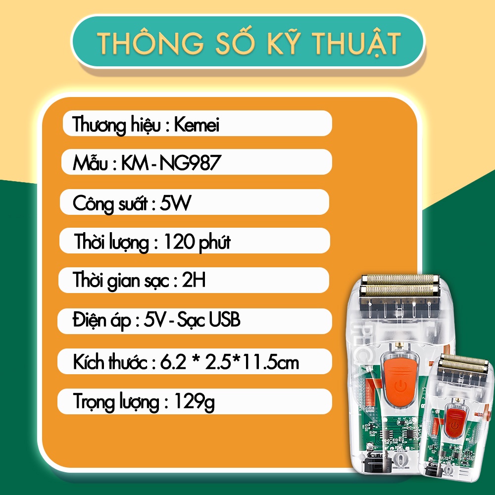 Máy cạo râu lưỡi kép Kemei KM-NG987 công suất 5w mạnh mẽ, có thể fade trắng chân tóc - phân phối chính hãng