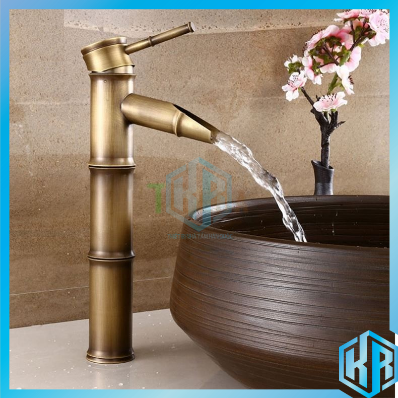 Vòi lavabo nóng lạnh thân trúc giả cổ [30cm] bằng đồng cao cấp, sang trọng