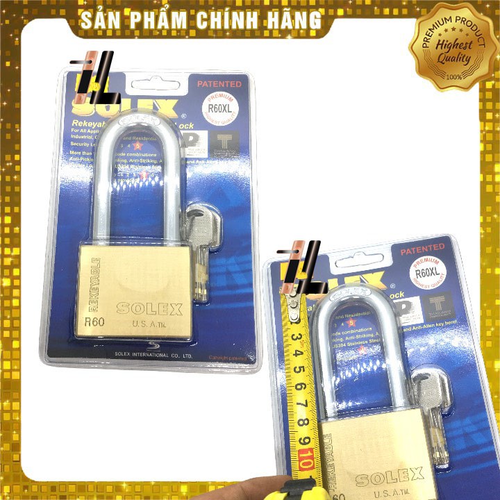 Khóa Solex R60XL 6F vàng càng dài 8cm chìa vuông, khóa được làm từ thép không gỉ ruột khóa bằng thau, thân khóa đồng