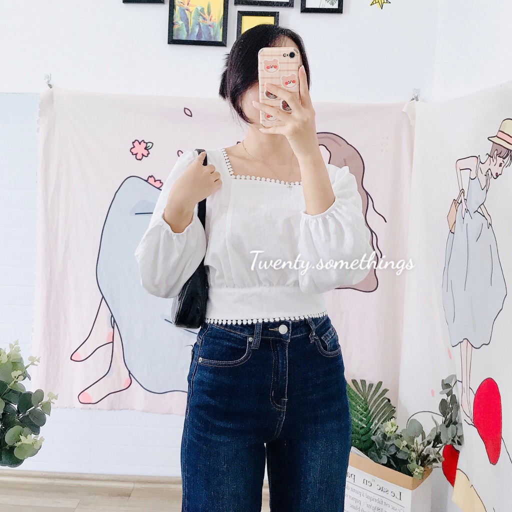 ÁO CROPTOP THẮT NƠ LƯNG PHỐI REN (video/ảnh thật/ sẵn)