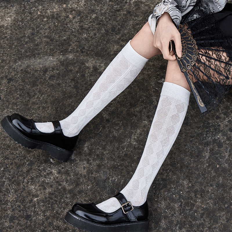 Vớ Dài Qua Gối 10MK Mỏng Họa Tiết Hình Học Kẻ Sọc Kim Cương Phong Cách Lolita Nhật Bản Ngọt Ngào Mùa Hè Cho Nữ