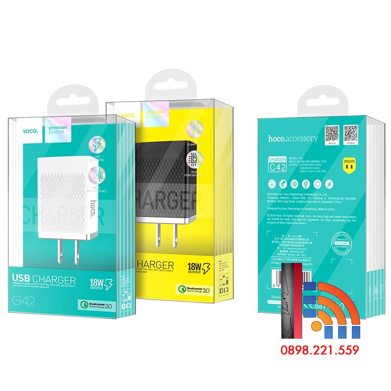 Cốc Củ Sạc NHANH 18W HOCO C42 C12Q cho điên thoại , android ss, oppo... 1 CỔNG USB 3A QC3.0 [H-HOCO ĐÀ NẴNG]