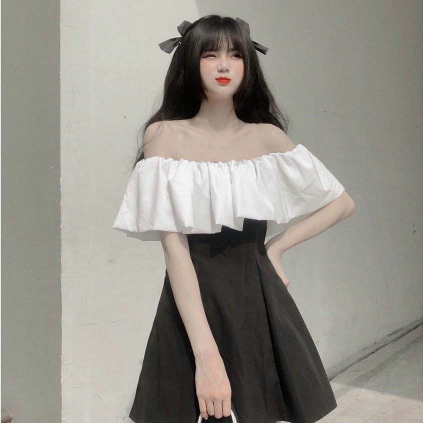 [có feedback]Đầm dự tiệc Đầm body chữ A đen hở vai, tay bồng tiểu thư bánh bèo Ulzzang HOT Váy Trễ Vai Phối Ngực Trắng🌸 | BigBuy360 - bigbuy360.vn