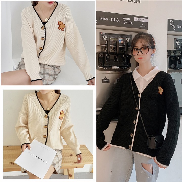 Áo khoác Cardigan len dệt kim cài cúc thêu cổ chữ V siêu hot