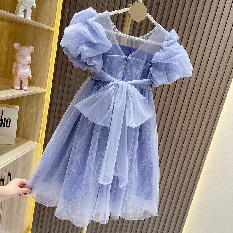 Đầm Công Chúa Tay Phồng Ngắn Phối Lưới Thắt Nơ Thời Trang Mùa Hè Cho Bé Gái