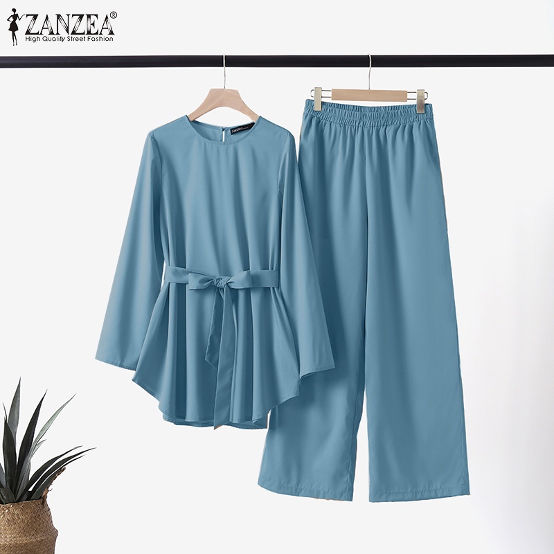 Zanzea Bộ Đồ Hồi Giáo Dài Tay Dáng Rộng Eo Chun Phối Dây Buộc Và Túi Thời Trang Dành Cho Nữ