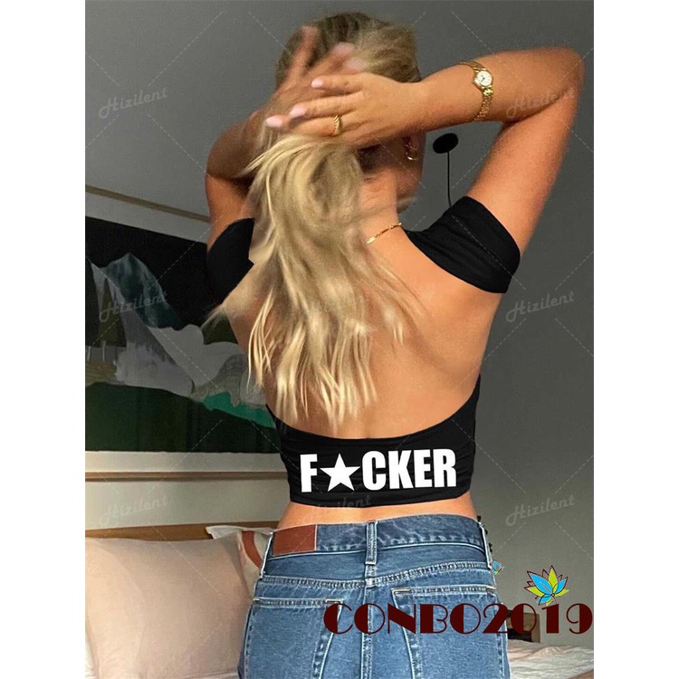 Áo Thun Crop Top Tay Ngắn Hở Lưng Ôm Dáng In Chữ Thời Trang Mùa Hè Dành Cho Nữ