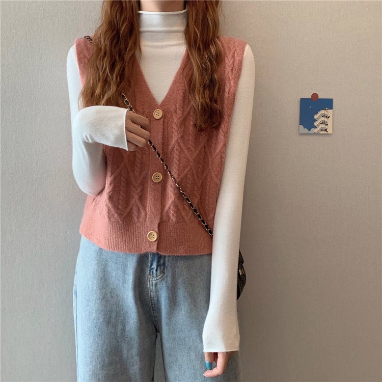Áo Gile len xốp cổ V cài cúc, Áo gile len ô trám Ulzzang -