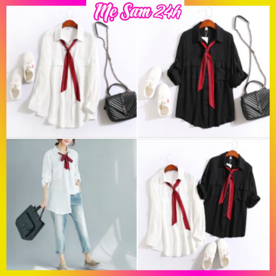 Áo sơ mi nữ dài tay form rộng, sơ mi đũi Mẹ Sam 24h, chất liệu mềm mát, size từ 40 đến 85kg SMH.47
