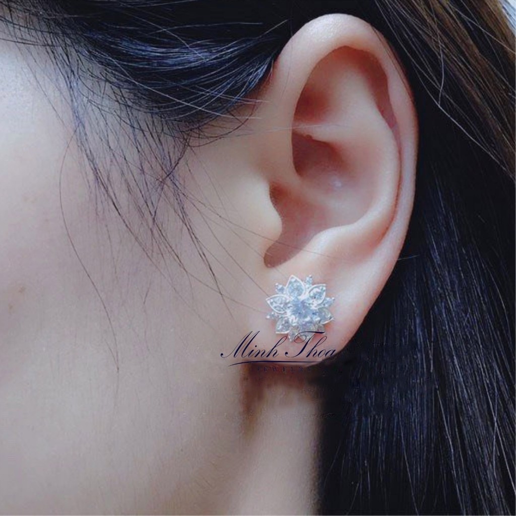 Bông tai nữ bạc đẹp, khuyên tai hoa sen trang sức bạc ta đính đá-Minh Thoa JEWELRY