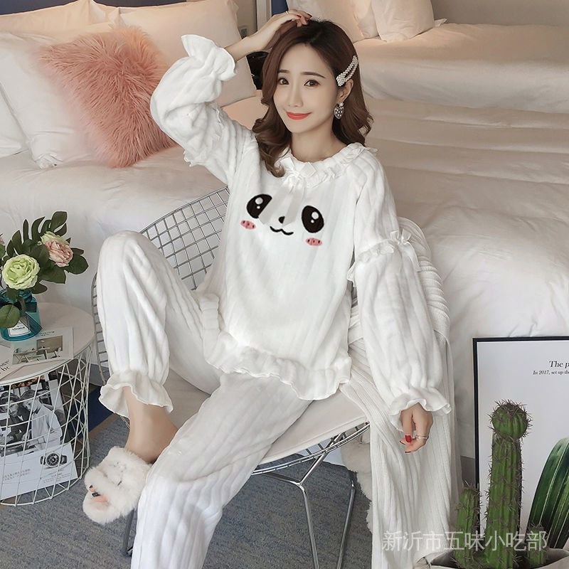 Bộ Đồ Ngủ Lông Cừu San Hô Dày Dặn Ấm Áp Dễ Thương Cho Nữ