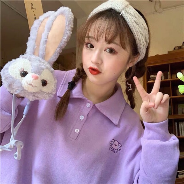 [ORDER+ẢNH THẬT] Áo Polo tím dài tay chất nhung mịn oversize Ulzzang thêu hình siêu xinh 😍