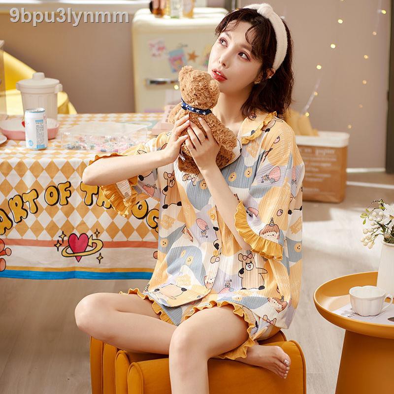 Đồ bộ/ Đồ mặc nhàĐồ ngủ nữ Xia Chunmian mới ngắn tay hai mảnh phù hợp với sinh viên Hàn Quốc mùa hè mỏng đơn giản mặc ở