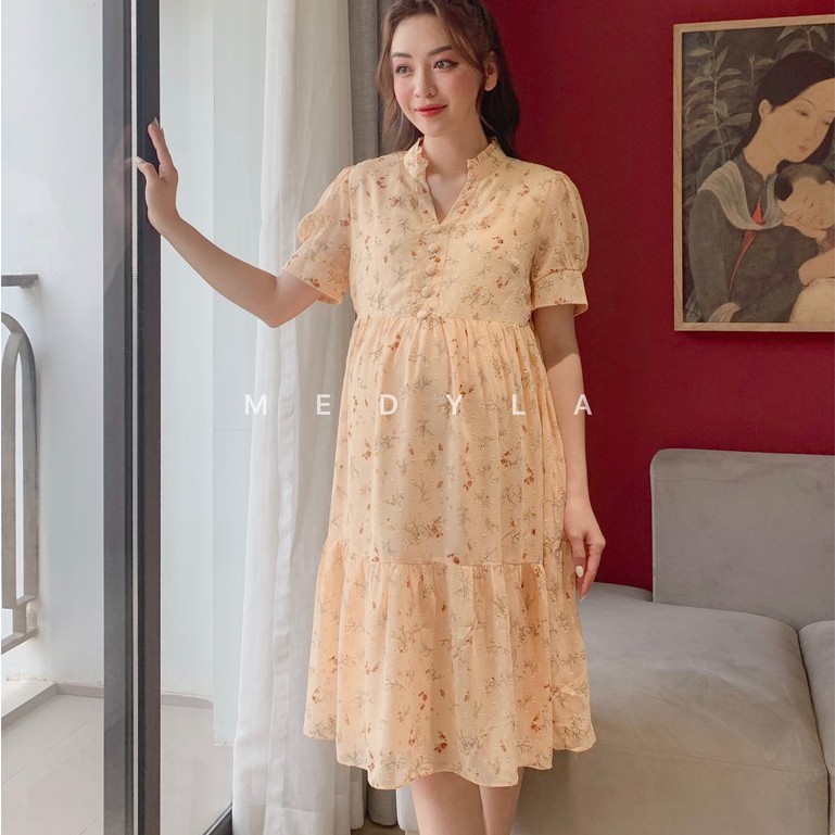 Váy bầu mùa hè xinh thiết kế 2 lớp voan hoa nổi lót lụa cho bầu đi chơi du lịch - Đầm bầu công sở dự tiệc Medyla - VS7