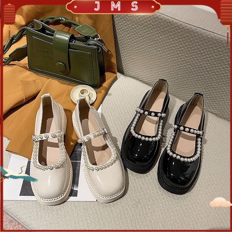 【JMS】Giày Mary Jane Đế Dày Đính Ngọc Trai Phong Cách Thời Trang Nhật Bản Mới Mẻ