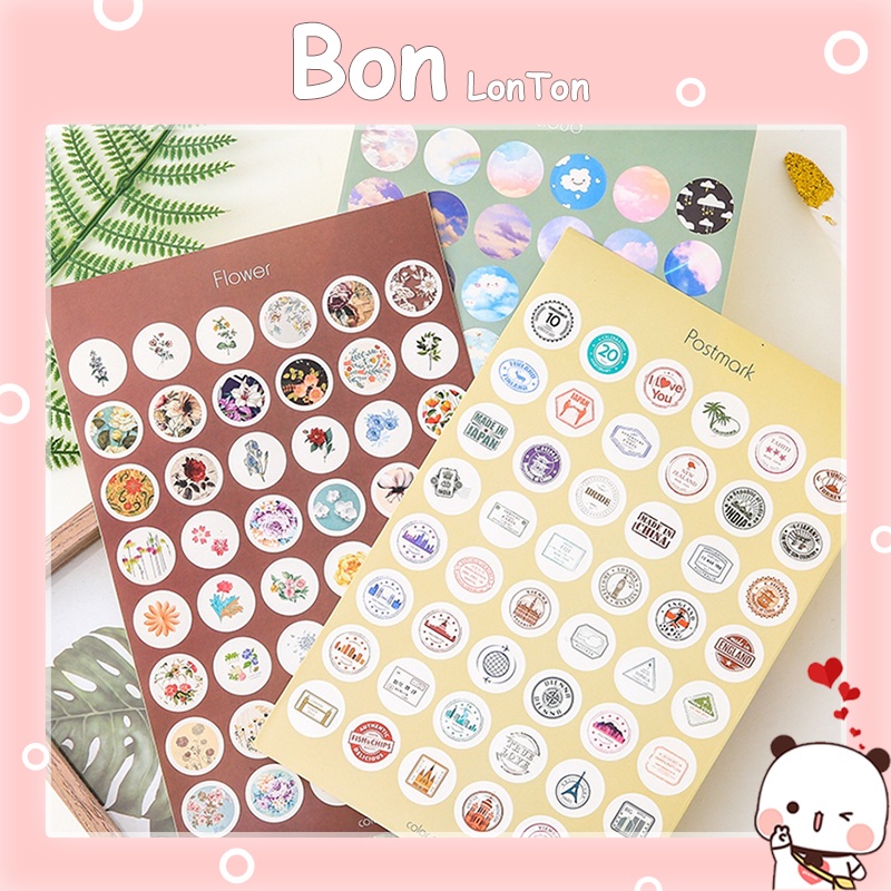 Sticker dán trang trí tròn mặt cảm xúc set 35 tấm, Nhãn dán tròn phong cách Bonlonton