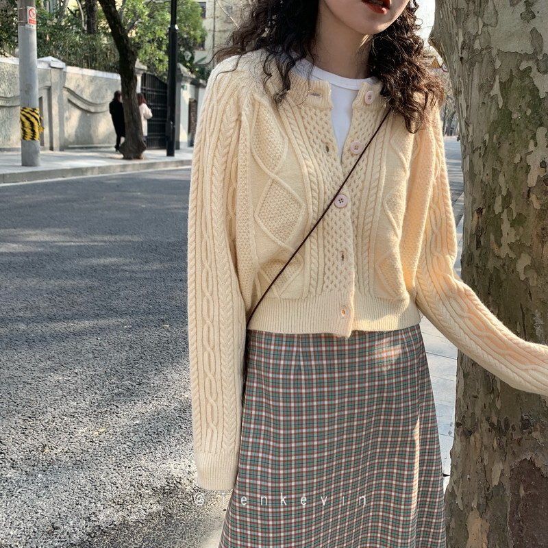 Áo khoác cardigan dệt kim cổ tròn kiểu Hàn Quốc đơn giản xinh xắn dành cho nữ