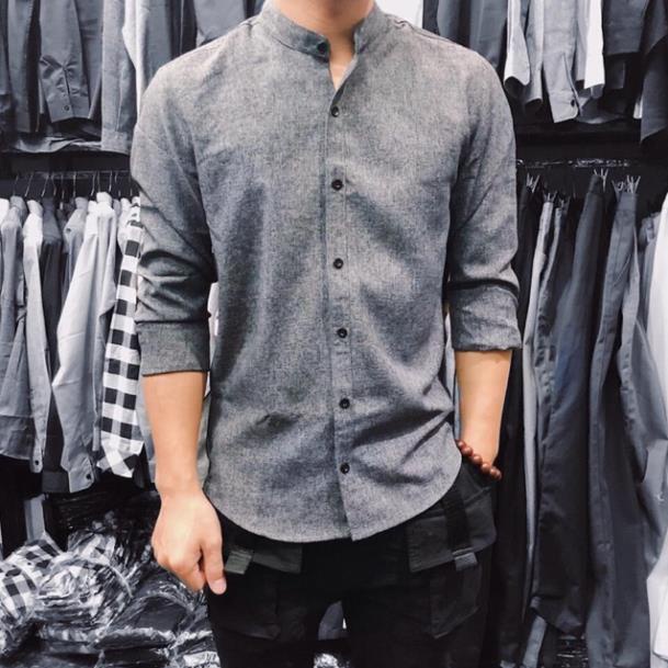 Áo sơ mi nam cổ Tàu Màu Xám Tiêu Đậm, Sơ mi nam cổ Trụ dáng ôm phong cách giứi trẻ Trendyman